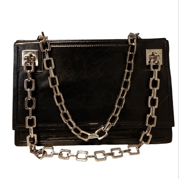 Vintage Bally Black Leather Silver Chain Shoulder Bag - Picture 1 of 13